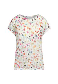 Short-sleeve, loose-fitting top made of lightweight fabric, featuring a white background with multicolored abstract spots throughout.