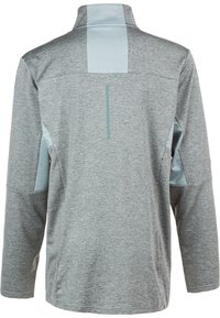 Grauer Pulloverjacke mit hohem Kragen, ausgestattet mit hellblauen Mesh-Elementen, langen Ärmeln und einem reflektierenden vertikalen Streifen auf dem Rücken.
