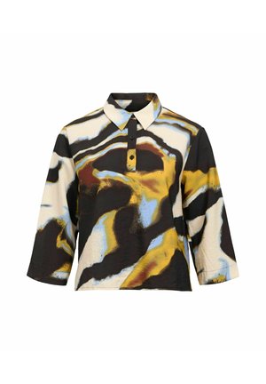 Collared shirt with three-quarter sleeves, featuring a marbled pattern in black, brown, yellow, and light blue on a cream background.