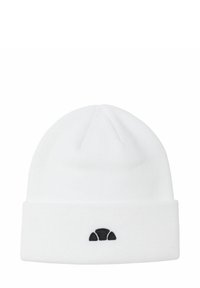 Gorro de punto blanco hecho de material suave, con un logotipo negro bordado en la parte frontal y un diseño de puño doblado.