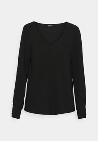 Schwarzes Langarmshirt mit V-Ausschnitt, aus einem glatten Stoff gefertigt. Verfügt über Knopfakzente an den Manschetten und eine dezent drapierte Vorderseite.