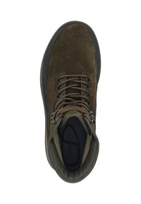 Brown suede lace-up boot with metal eyelets, padded collar, and branded black insole viewed from above on white background.