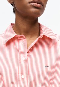 Άτομο που φοράει κόκκινο-λευκό πουκάμισο με κάθετες ρίγες και ένα μικρό ορθογώνιο λογότυπο στο στήθος, εμφανίζεται από τον λαιμό έως το μέσο του κορμού.