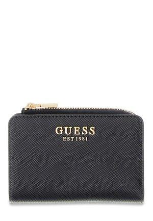 Portefeuille zippé en cuir noir texturé avec une fermeture éclair dorée et « GUESS EST 1981 » embossé en or sur le devant.