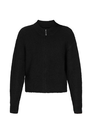 Mustmustama mustriga lõngaga sviiter, millel on pikad varrukad, sooniktaskud, allserv ja kõrge krae.