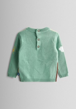 Zielony sweter z dzianiny z długimi rękawami, zapinany na guziki przy szyi, z haftem słońca i chmury na rękawach, kontrastujące brązowe boczne akcenty.