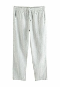 Pantalon gris clair à rayures avec une taille élastique et un cordon de serrage. Dispose de deux poches latérales. Le tissu présente une texture subtile.