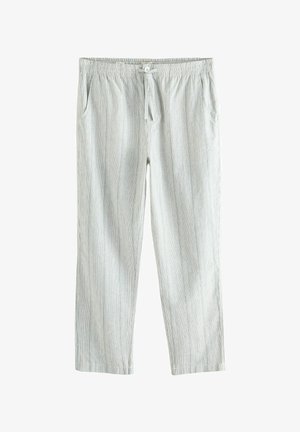 Jasnoszare, w paski spodnie z elastycznym pasem i sznurkiem do regulacji. Posiadają dwie boczne kieszenie oraz prostą nogawkę. Miękka faktura.