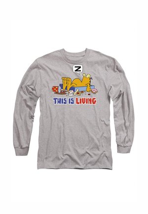 Long-sleeve gray t-shirt featuring a cartoon cat with its feet up, surrounded by food, and the text "THIS IS LIVING" in blue and red.