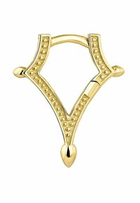 Broche de metal en tono dorado con forma de diamante, decorada con patrones de puntos en relieve y extremos puntiagudos, que presenta un acabado suave y pulido.