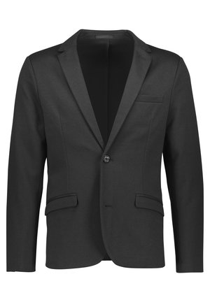 Blazer noir avec une finition en tissu lisse, fermeture à un bouton, revers crantés et deux poches avant. Design minimaliste, sans motifs.