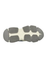 Suola di scarpa sportiva caratterizzata da un disegno del battistrada con scanalature, principalmente in gomma grigia con una intersuola bianca, progettata per offrire trazione e flessibilità.