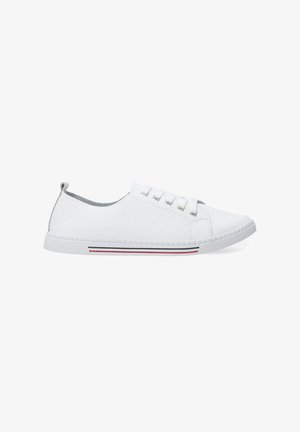 White textured sneakers with laces, rounded toe, and a flexible sole. Red and blue stripes accent the midsole. Soft gray lining.