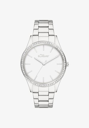 Silberne Metall-Uhr mit glänzend weißem Zifferblatt, silbernen Stundenmarkierungen und einer mit Kristallen besetzten Lünette; verfügt über ein klobiges, verlinktes Armband.