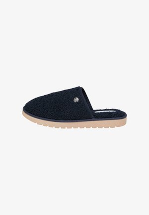 Námořnické modré pantofle s texturovaným svrchním materiálem a béžovou gumovou podrážkou. Mají kulatou špičku a boční kovový akcent. Design na obutí.