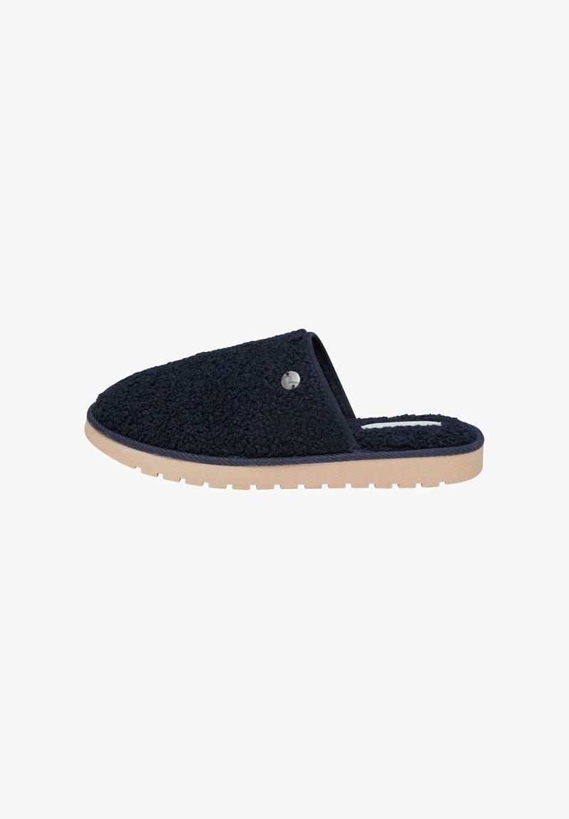 Pantoufle bleu marine avec un dessus en tissu texturé et une semelle en caoutchouc beige. Dotée d'un bout arrondi et d'un accent métallique latéral. Design slip-on.