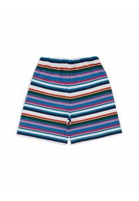 Costume da bagno a righe con un motivo multicolore caratterizzato da righe blu, bianche, rosse e verdi. Vita elastica e tessuto morbido.