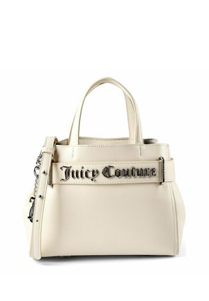 Borsa beige Juicy Couture con doppie maniglie, tracolla regolabile e targhetta con il nome del marchio sul davanti.