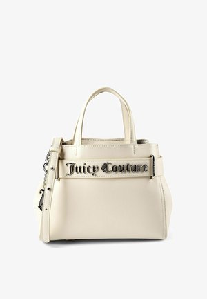 Borsa beige Juicy Couture con doppie maniglie, tracolla regolabile e targhetta con il nome del marchio sul davanti.