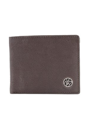 Portafoglio in pelle marrone scuro con bordi cuciti e piccolo logo metallico rotondo nell'angolo in basso a destra.