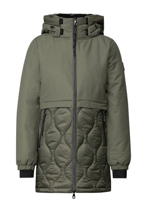 Veste verte rembourrée avec capuche, dotée d'une section inférieure matelassée, d'une fermeture éclair à l'avant et de poignets élastiques pour la chaleur et le confort.