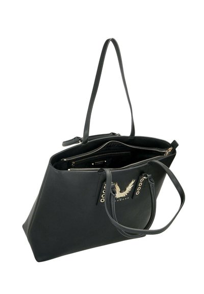 Borsa a tote in pelle nera con forma strutturata, con una grande emblema d'aquila dorato, chiusura con zip e due lunghe maniglie. Comparti interni visibili.