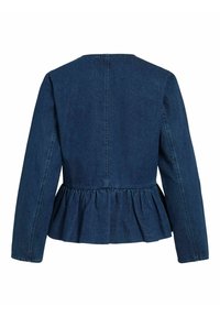 Veste en denim bleu foncé à manches longues avec une taille peplum froncée et une couture verticale visible au centre du dos.