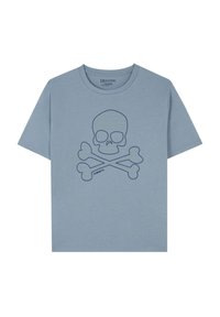 Lichtblauwe katoenen T-shirt met een donkerblauwe doodskop en gekruiste botten grafiek gecentreerd aan de voorkant. Standaard ronde hals en korte mouwen.