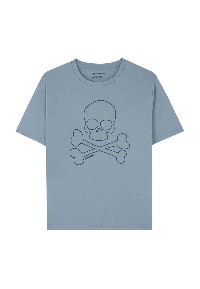 Lichtblauwe katoenen T-shirt met een donkerblauwe doodskop en gekruiste botten grafiek gecentreerd aan de voorkant. Standaard ronde hals en korte mouwen.