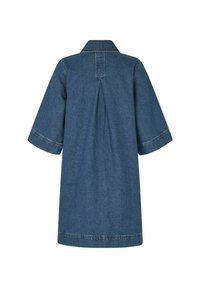 Jeanskleid, blau, mit Kragen und kurzen Ärmeln. Verfügt über einen Rückenfalt und einen geraden Saum, gefertigt aus strukturiertem Denim-Stoff.