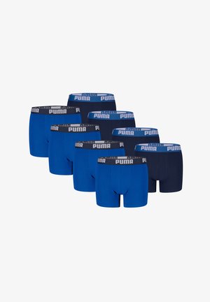 Set von acht Boxershorts in verschiedenen Blau- und Marine-Tönen, aus glattem Stoff mit elastischen Taillenbünden, die das Puma-Logo tragen.