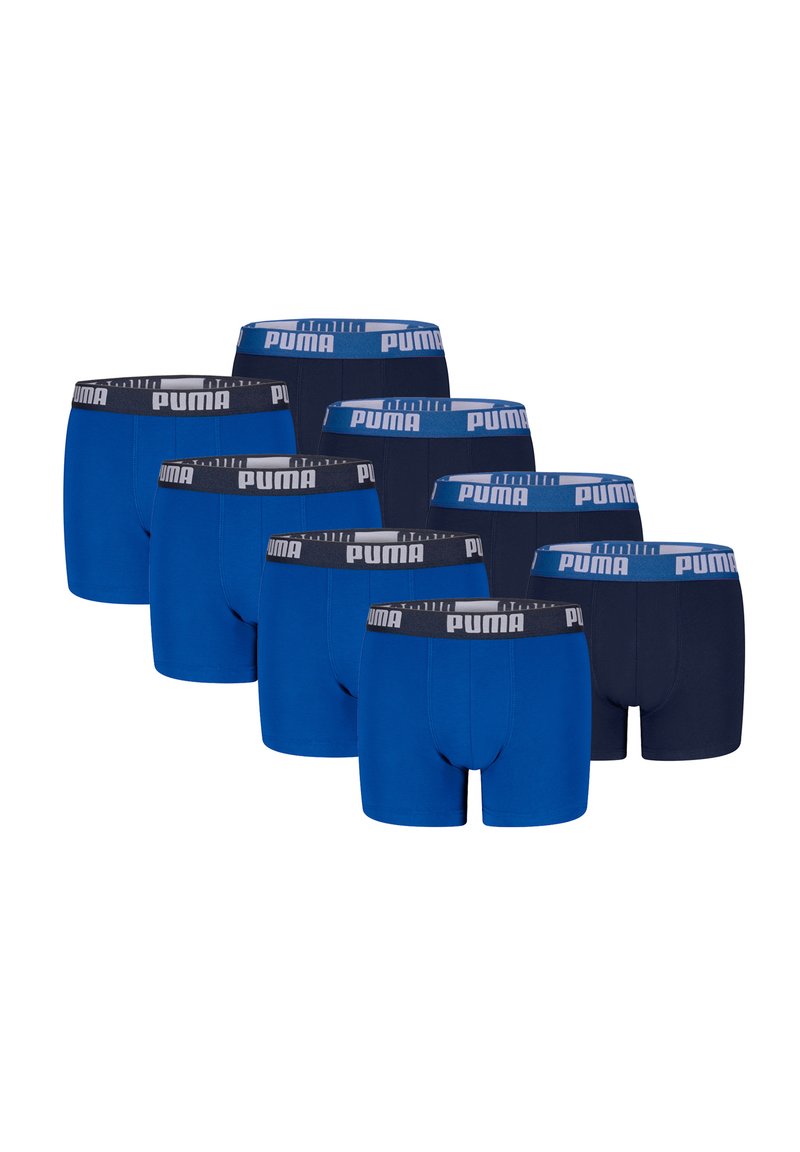 Set von acht Boxershorts in verschiedenen Blau- und Marine-Tönen, aus glattem Stoff mit elastischen Taillenbünden, die das Puma-Logo tragen.