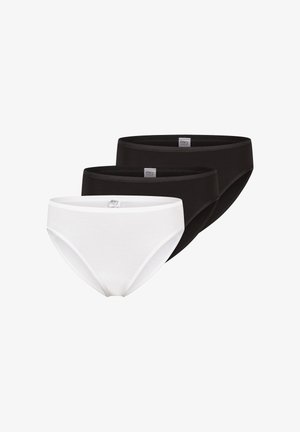 Three pairs of cotton briefs: one white and two black, featuring a smooth texture and elastic waistband with logo tag.
