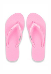 Vaaleanpunaiset kumipohjaiset flip-flop-sandaalit ohuilla remmeillä, teksturoidut pohjat sydänkuviolla ja logo strapissa. Litteä, kevytrakenne.