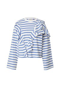 Gestreept langekoopeed shirt in wit en blauw, met een geraffineerde accent op één schouder, ronde halslijn en een cropped ontwerp.