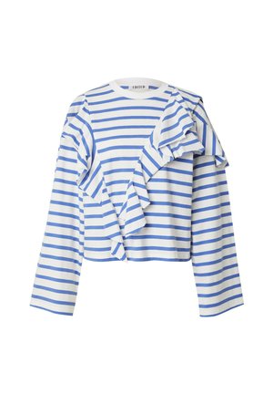 T-shirt à manches longues rayé en blanc et bleu, avec un accent volanté sur une épaule, un col rond et un design cropped.