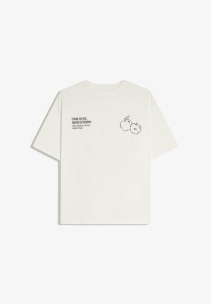 White short-sleeve t-shirt with black text "ONE BITE. NEW STORY. New season & new beginnings." and two outlined apples on the front left side.