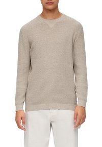 Maglione beige a maglia con motivo a nido d'ape. Collo a giro e maniche lunghe, rifinito con polsini e orlo a coste. Adatto per un abbigliamento informale.