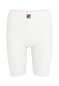 Shorts da bicicletta bianchi a costine con un design aderente, caratterizzati da una patch con logo in vita. Il tessuto appare liscio e elasticizzato.