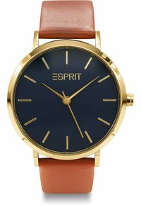 Goldfarbene Uhr mit einem dunkelblauen Zifferblatt, minimalistischen Markierungen und einem orangefarbenen Lederarmband. Sie zeichnet sich durch ein einfaches, klassisches, rundes Design aus.