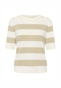 Gestreept gebreid topje in beige en wit, met een ronde hals en korte mouwen. Zachte textuur met horizontale strepen, casual ontwerp.
