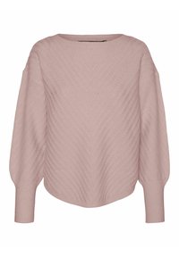 Pull tricoté rose clair avec motif chevron, manches longues bouffantes, larges poignets côtelés et encolure arrondie.