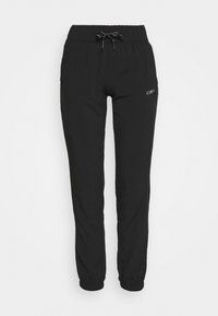 Pantalon de jogging noir avec une taille élastique, cordon de serrage ajustable, poches latérales et poignets élastiques aux chevilles. Texture de tissu lisse.