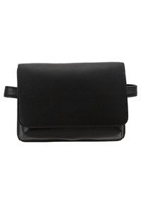 Borsa a mano nera in pelle con chiusura a pattina, texture liscia, forma rettangolare e una piccola maniglia laterale per il trasporto.