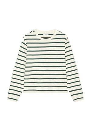 Camisa blanca de manga larga con rayas horizontales verde oscuro uniformemente espaciadas y cuello redondo, extendida sobre un fondo blanco.