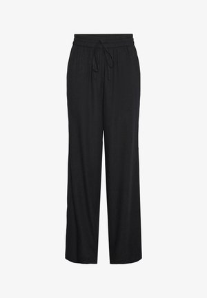 Melnas platās bikses, kas izgatavotas no viegla auduma ar elastīgu jostasvietu un regulējamu saiti. Gluda tekstūra, bez redzamām rakstām.