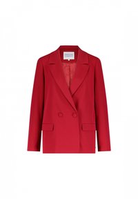 Rode op maat gemaakte blazer met een dubbelzijdig ontwerp, geknipte revers, twee voorzakken en een gladde textuur. Gevoerde binnenkant met een bloemenpatroon.
