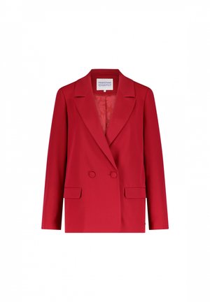 Rode op maat gemaakte blazer met een dubbelzijdig ontwerp, geknipte revers, twee voorzakken en een gladde textuur. Gevoerde binnenkant met een bloemenpatroon.