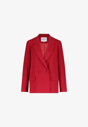 Rode op maat gemaakte blazer met een dubbelzijdig ontwerp, geknipte revers, twee voorzakken en een gladde textuur. Gevoerde binnenkant met een bloemenpatroon.