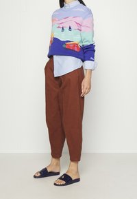 Tröja med landskapsmotiv i blått, rosa och grönt; lager på en ljusblå skjorta. Bruna löst sittande byxor och mörka slidesandaler.